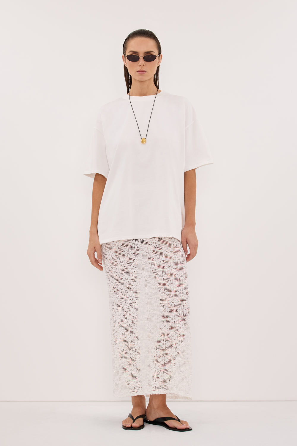 AGNES WHITE CROCHET COLUMN MIDI SKIRT