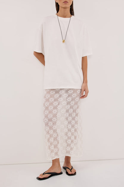 AGNES WHITE CROCHET COLUMN MIDI SKIRT