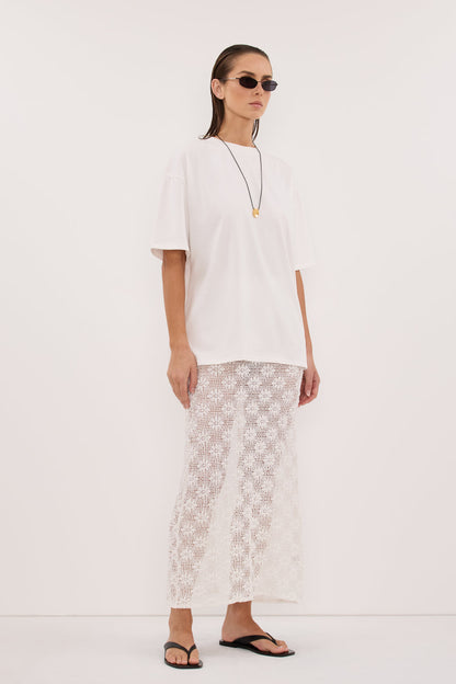 AGNES WHITE CROCHET COLUMN MIDI SKIRT