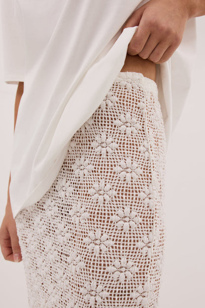 AGNES WHITE CROCHET COLUMN MIDI SKIRT