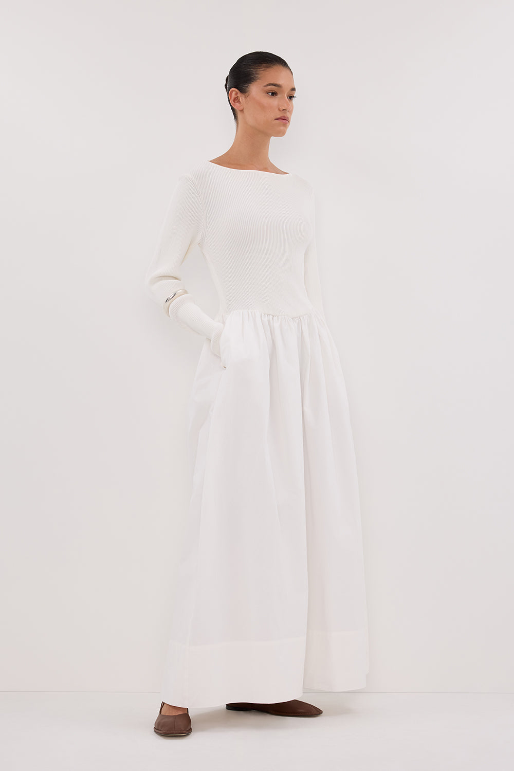 ABIGAIL WHITE HYBRID LONG SLEEVE MIDI DRESS