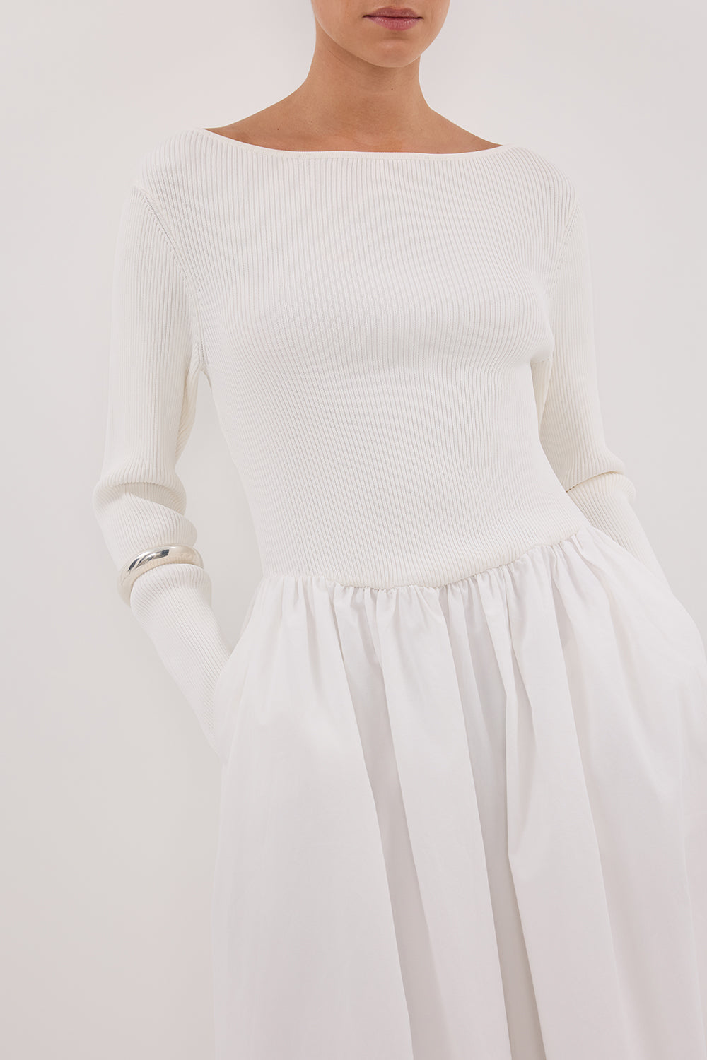 ABIGAIL WHITE HYBRID LONG SLEEVE MIDI DRESS