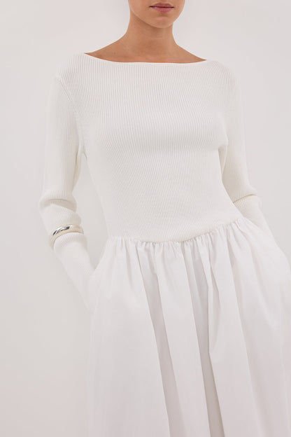 ABIGAIL WHITE HYBRID LONG SLEEVE MIDI DRESS