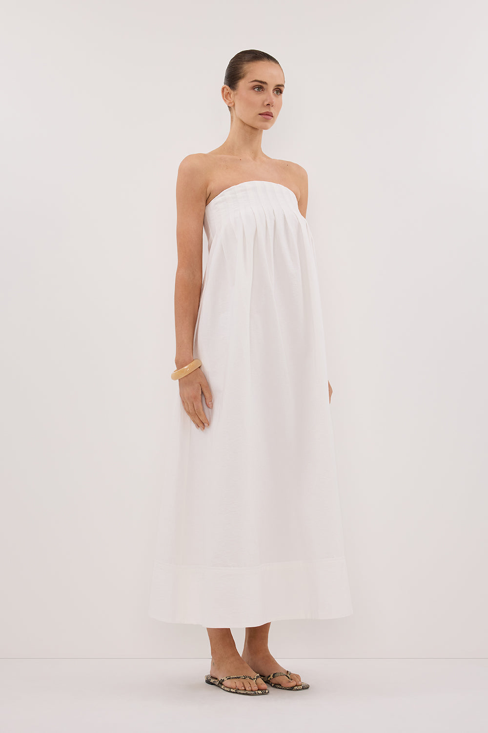 MORGAN WHITE STRAPLESS MIDI DRESS