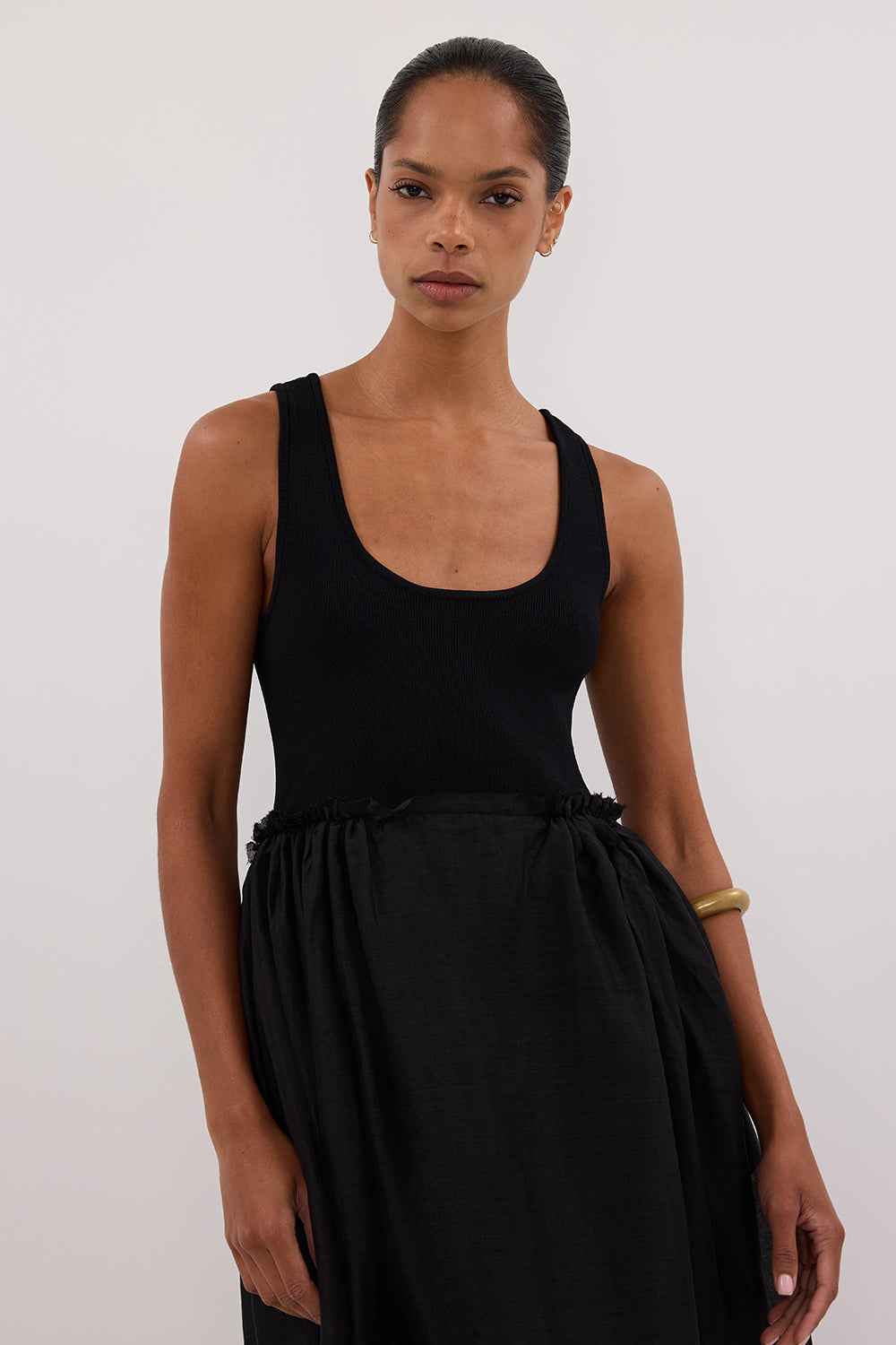 APRIL BLACK HYBRID KNIT MIDI DRESS