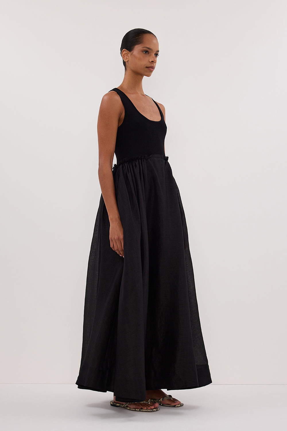 APRIL BLACK HYBRID KNIT MIDI DRESS