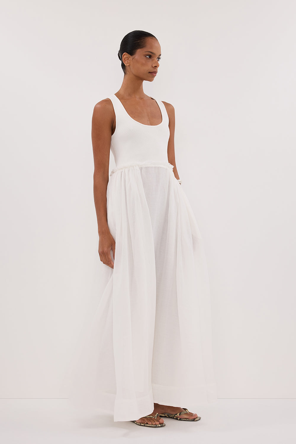 APRIL WHITE HYBRID KNIT MIDI DRESS