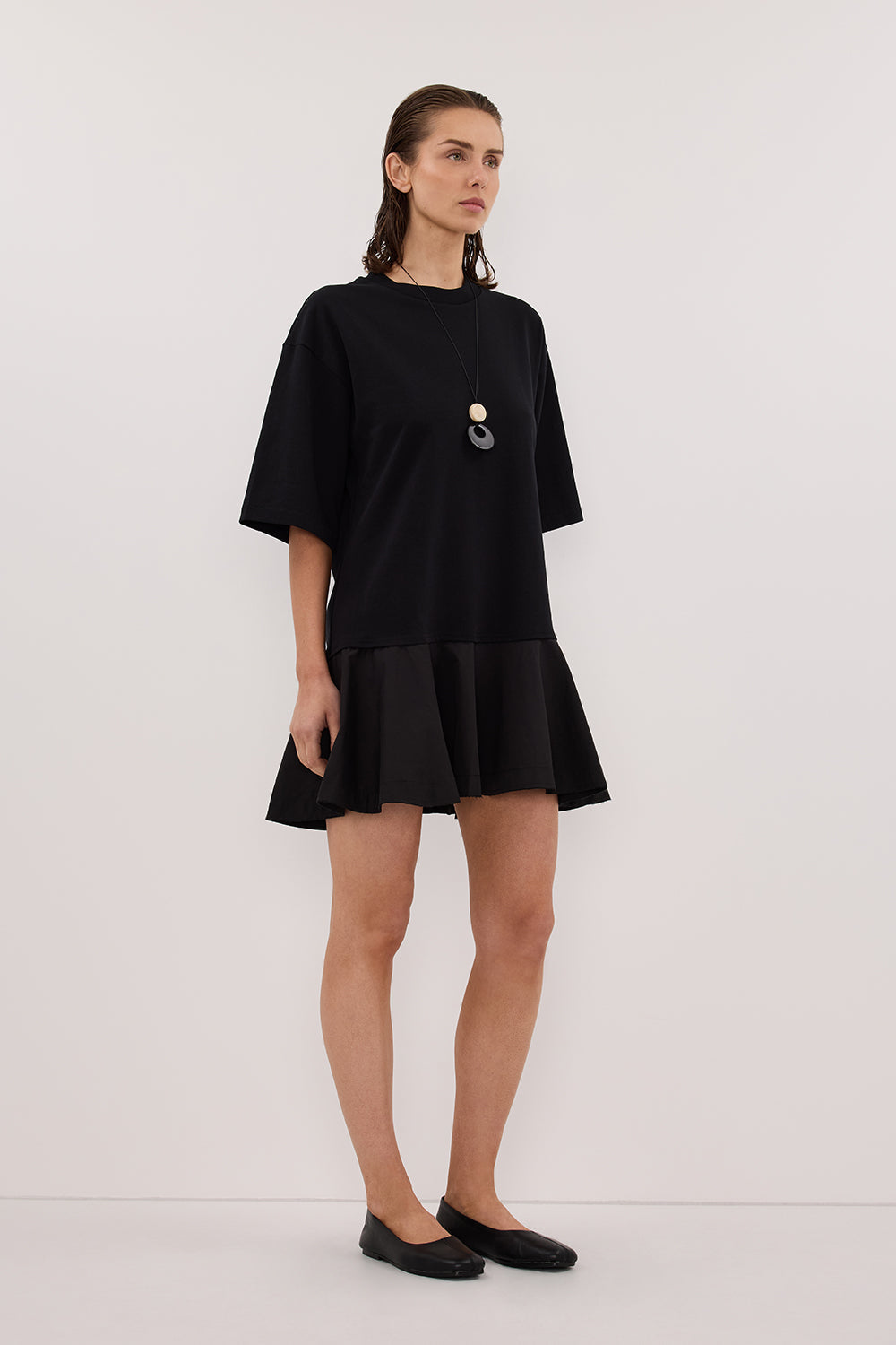 NOAH BLACK SHORT SLEEVE RUFFLE MINI DRESS
