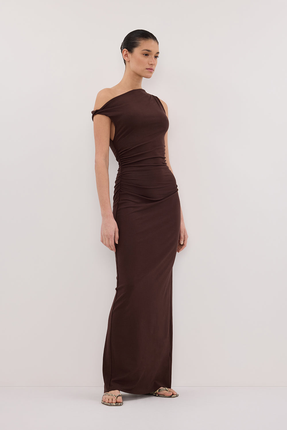 INEZ CHOC ASYM KNIT MIDI DRESS