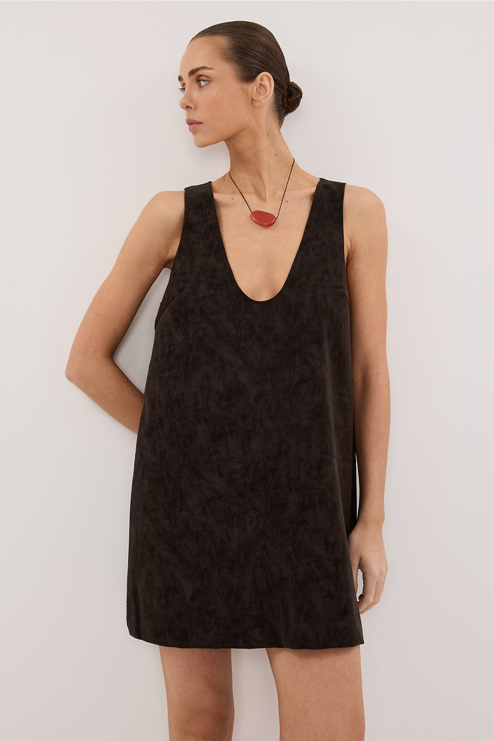 OAKLAND CHOC FAUX SUEDE MINI DRESS