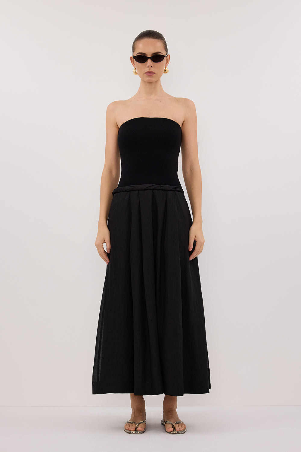 COCO BLACK STRAPLESS HYBRID MIDI DRESS