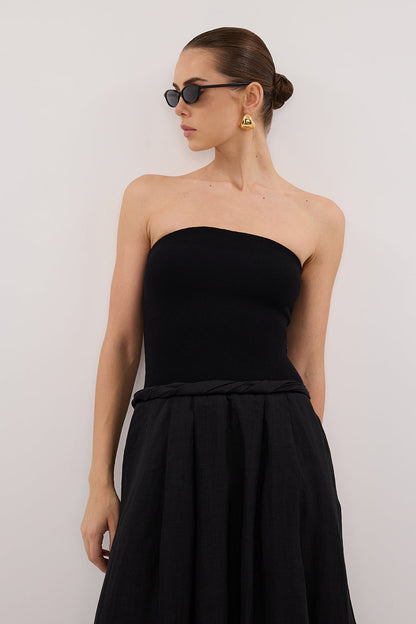 COCO BLACK STRAPLESS HYBRID MIDI DRESS