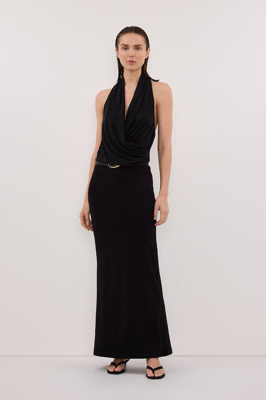 FELICITY BLACK SLEEVELESS HALTER MIDI DRESS
