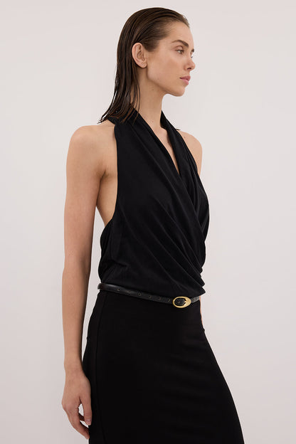 FELICITY BLACK SLEEVELESS HALTER MIDI DRESS