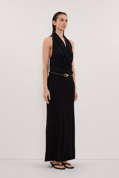 FELICITY BLACK SLEEVELESS HALTER MIDI DRESS