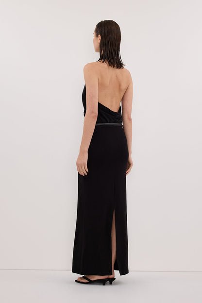 FELICITY BLACK SLEEVELESS HALTER MIDI DRESS