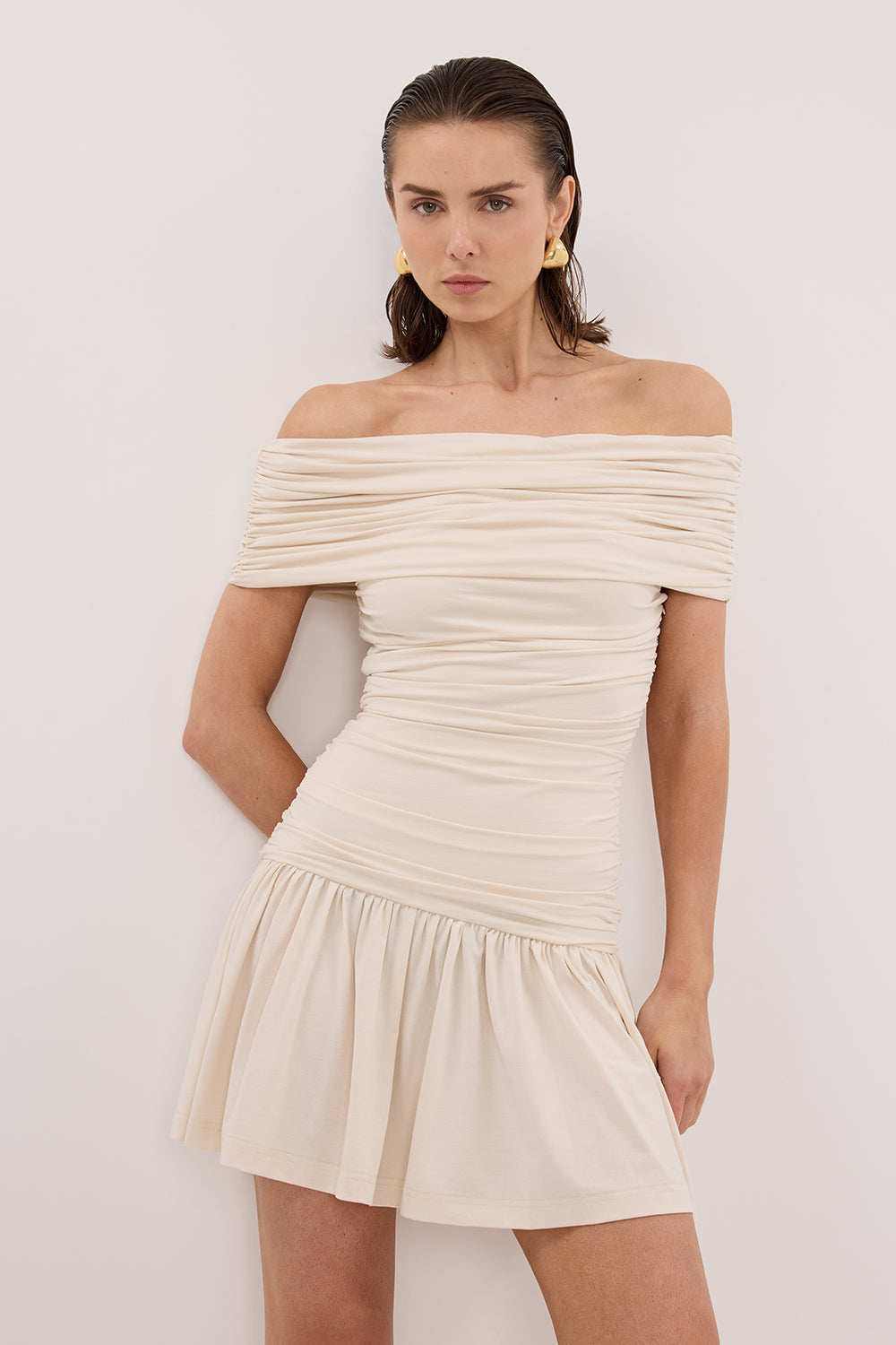 FEZ BONE OFF SHOULDER MINI DRESS