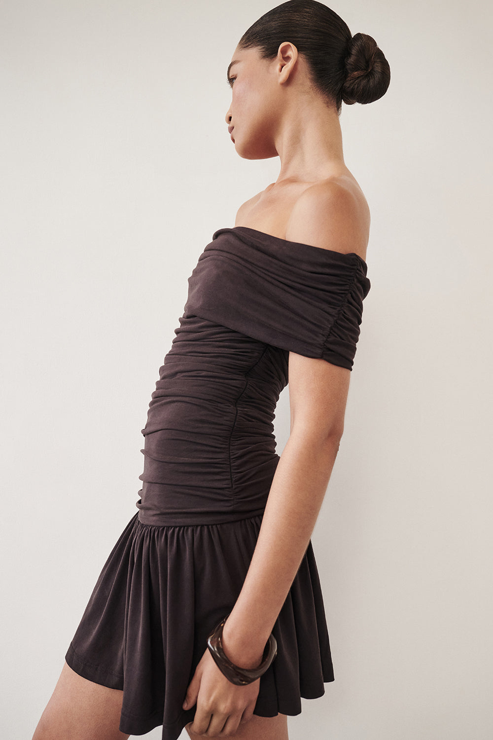 FEZ BURNT CHOC OFF SHOULDER MINI DRESS