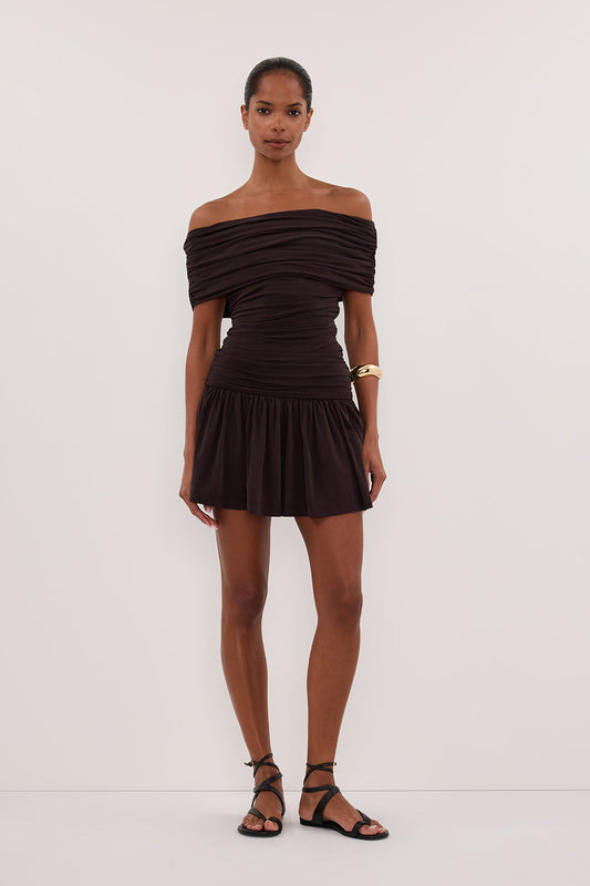 FEZ BURNT CHOC OFF SHOULDER MINI DRESS