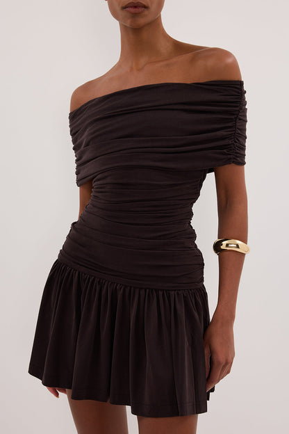 FEZ BURNT CHOC OFF SHOULDER MINI DRESS