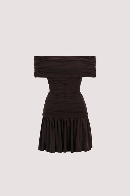 FEZ BURNT CHOC OFF SHOULDER MINI DRESS