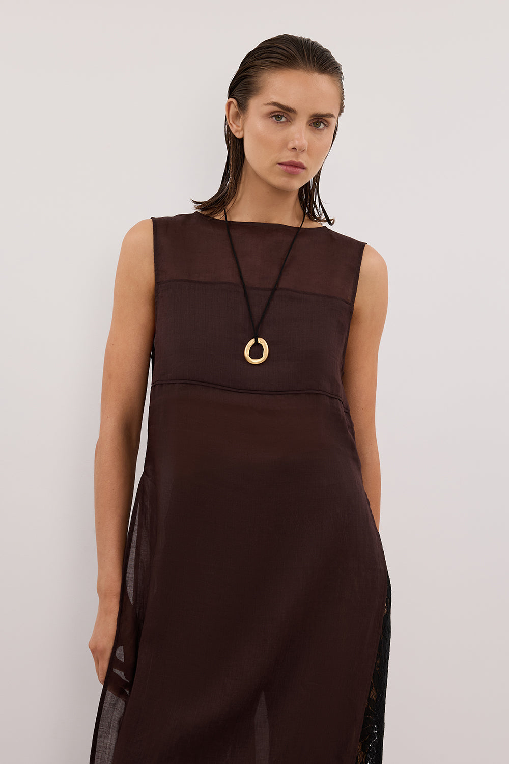 KAI BURNT CHOC SLEEVELESS RAMIE TUNIC TOP