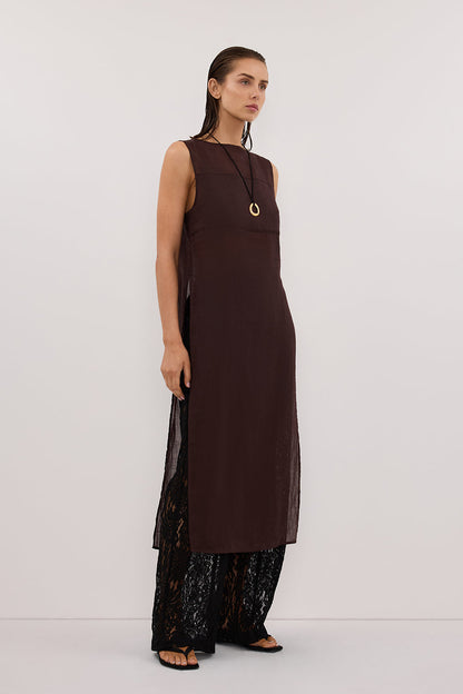 KAI BURNT CHOC SLEEVELESS RAMIE TUNIC TOP