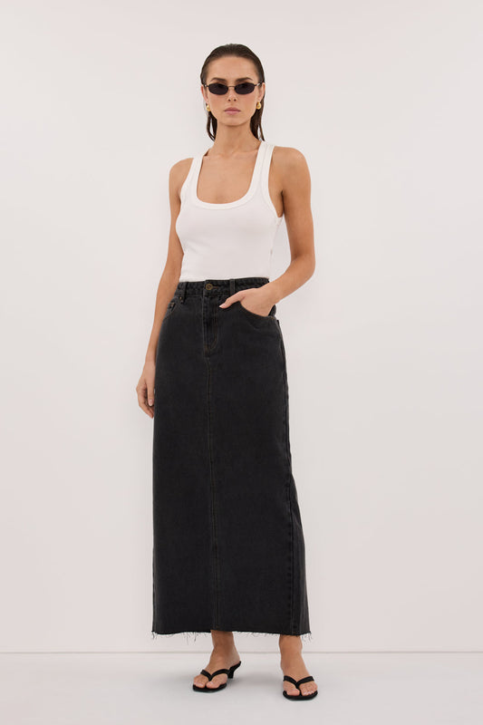 MONROE BLACK RINSE DENIM MIDI SKIRT