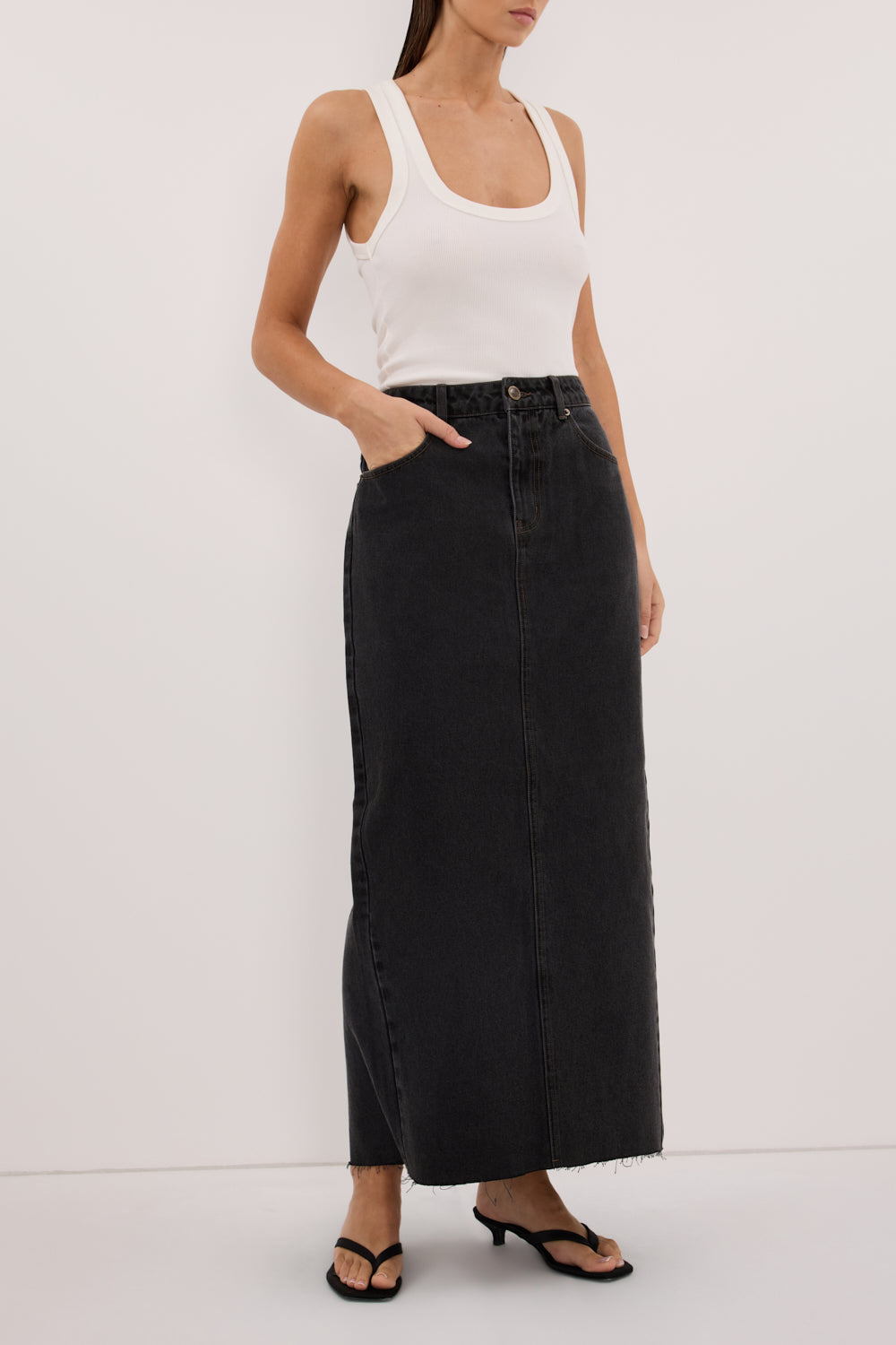 MONROE BLACK RINSE DENIM MIDI SKIRT