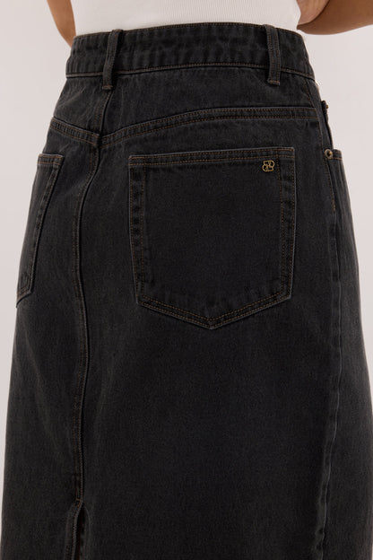 MONROE BLACK RINSE DENIM MIDI SKIRT