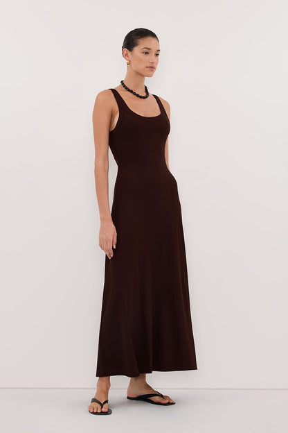 PHOEBE BURNT CHOC SLEEVELESS SCOOP NECK MIDI DRESS
