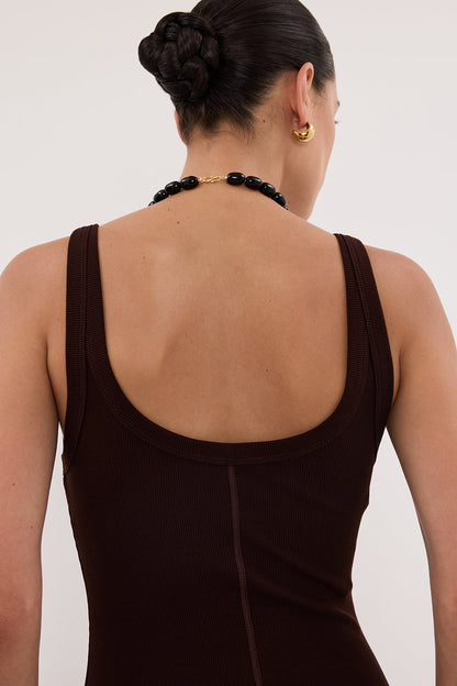 PHOEBE BURNT CHOC SLEEVELESS SCOOP NECK MIDI DRESS