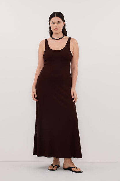 PHOEBE BURNT CHOC SLEEVELESS SCOOP NECK MIDI DRESS
