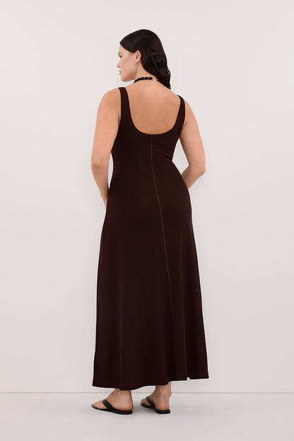 PHOEBE BURNT CHOC SLEEVELESS SCOOP NECK MIDI DRESS