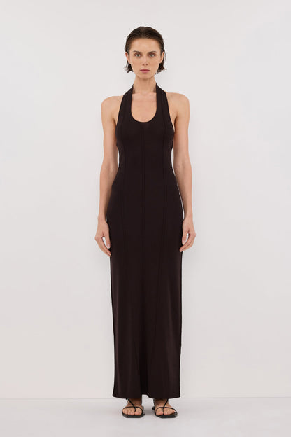 LISS BITTER CHOC HALTER MAXI DRESS
