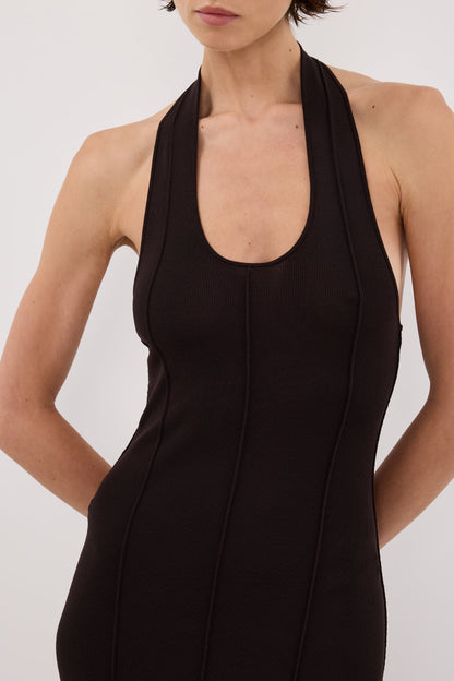 LISS BITTER CHOC HALTER MAXI DRESS