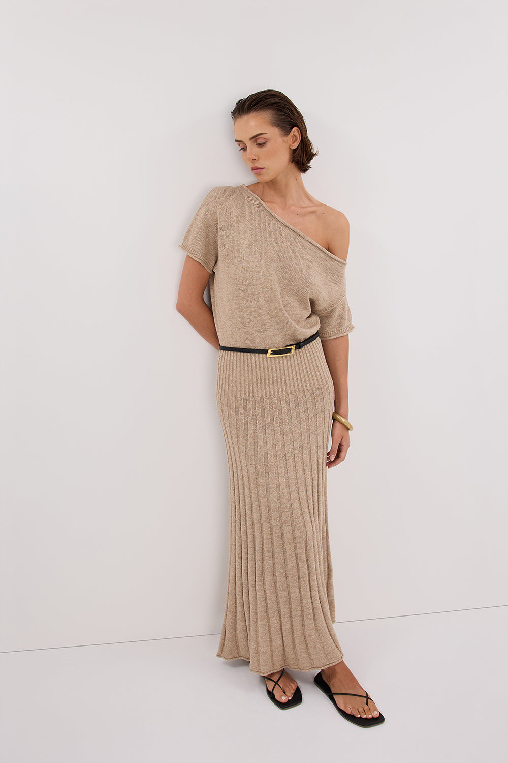 RICK NATURAL ASYM KNIT MIDI DRESS