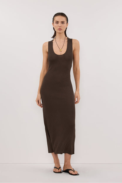 EVE DARK OLIVE SCOOP KNIT MIDI DRESS