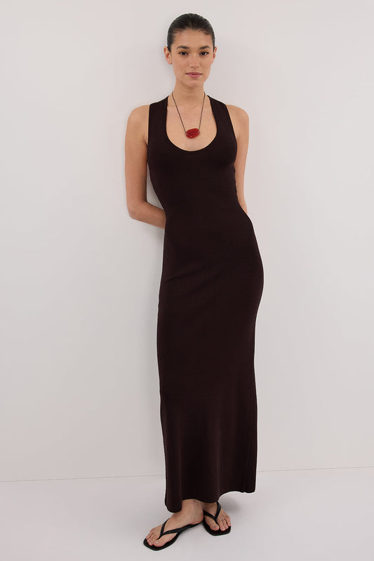 DEVIN BITTER CHOC RACER KNIT MIDI DRESS