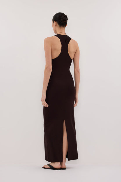 DEVIN BITTER CHOC RACER KNIT MIDI DRESS