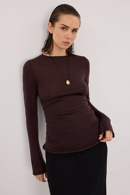 NICO BITTER CHOC MERINO KNIT TOP
