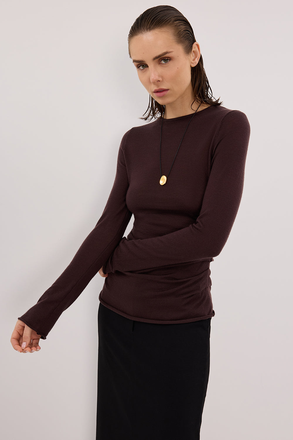 NICO BITTER CHOC MERINO KNIT TOP