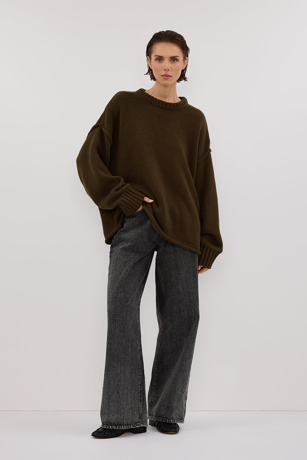 ROY OLIVE OVERSIZED LONGLINE KNIT JUMPER