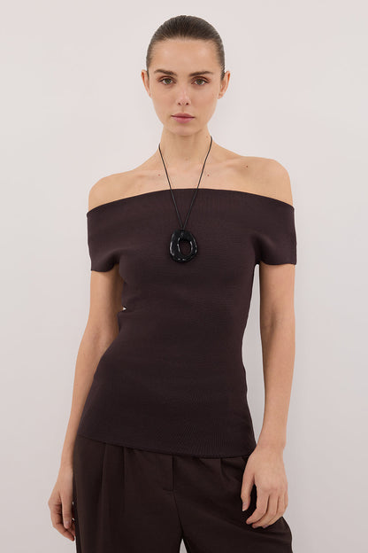 ASTRID BURNT CHOC OFF SHOULDER KNIT TOP