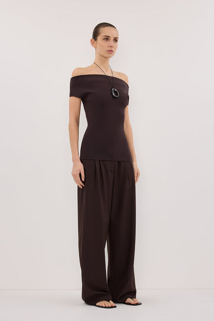 ASTRID BURNT CHOC OFF SHOULDER KNIT TOP