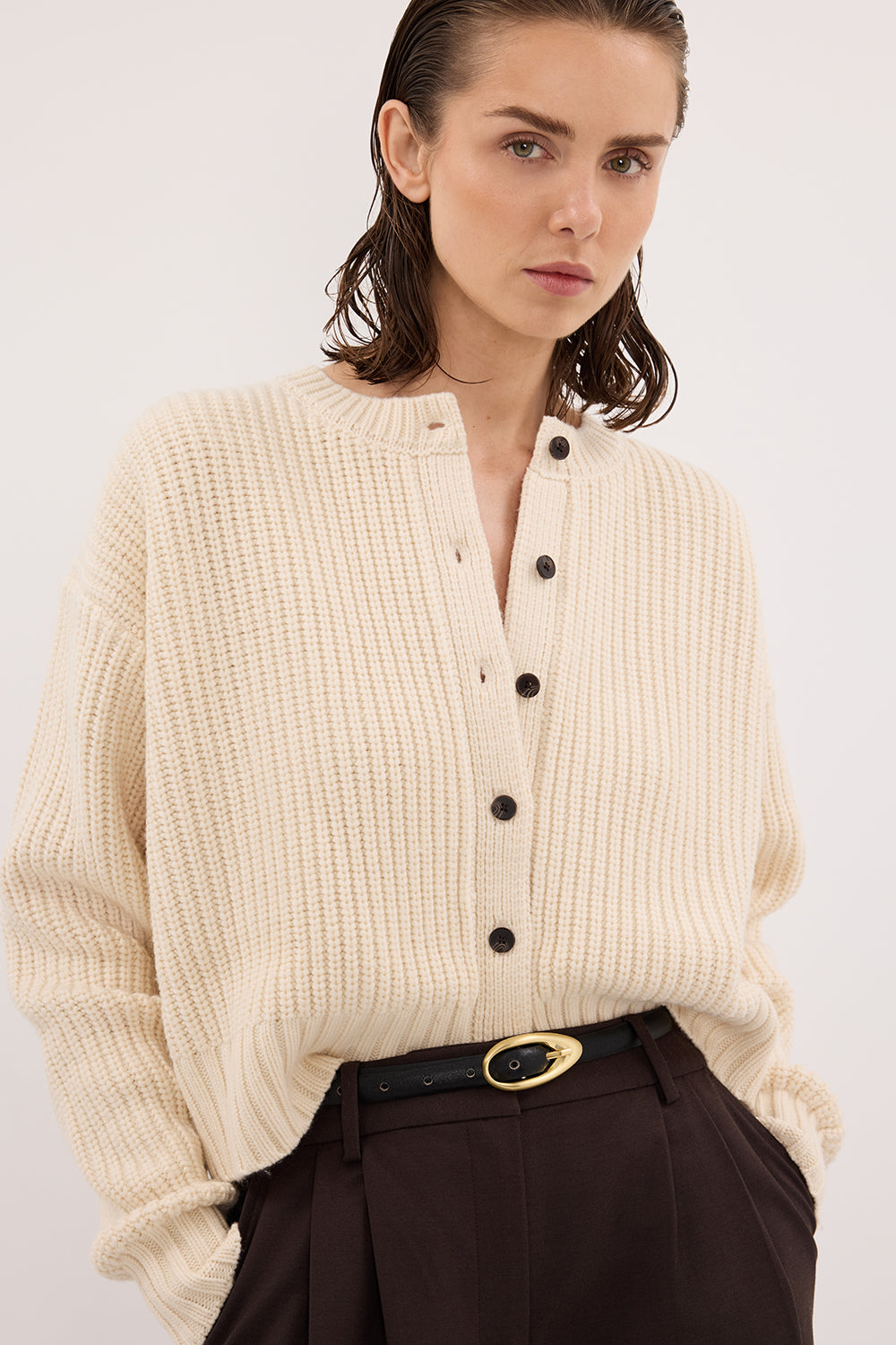 EVALINA SANDSTONE KNIT CARDIGAN