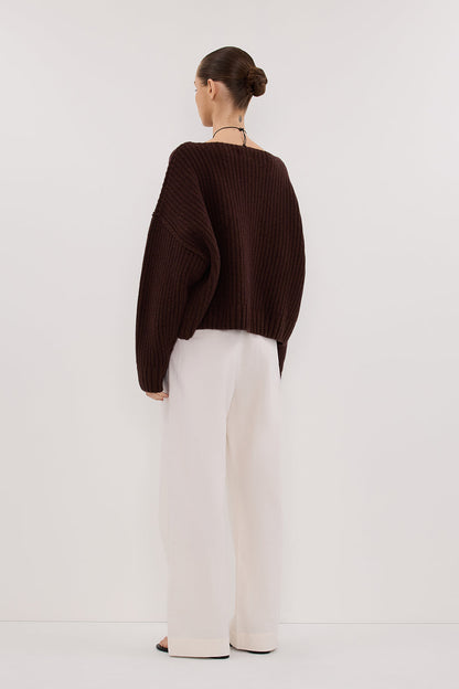 LIN CHOCOLATE BOAT NECK KNIT JUMPER