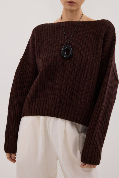 LIN CHOCOLATE BOAT NECK KNIT JUMPER