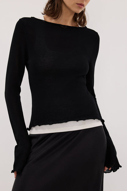BLAKE BLACK LONG SLEEVE BOAT NECK KNIT TOP
