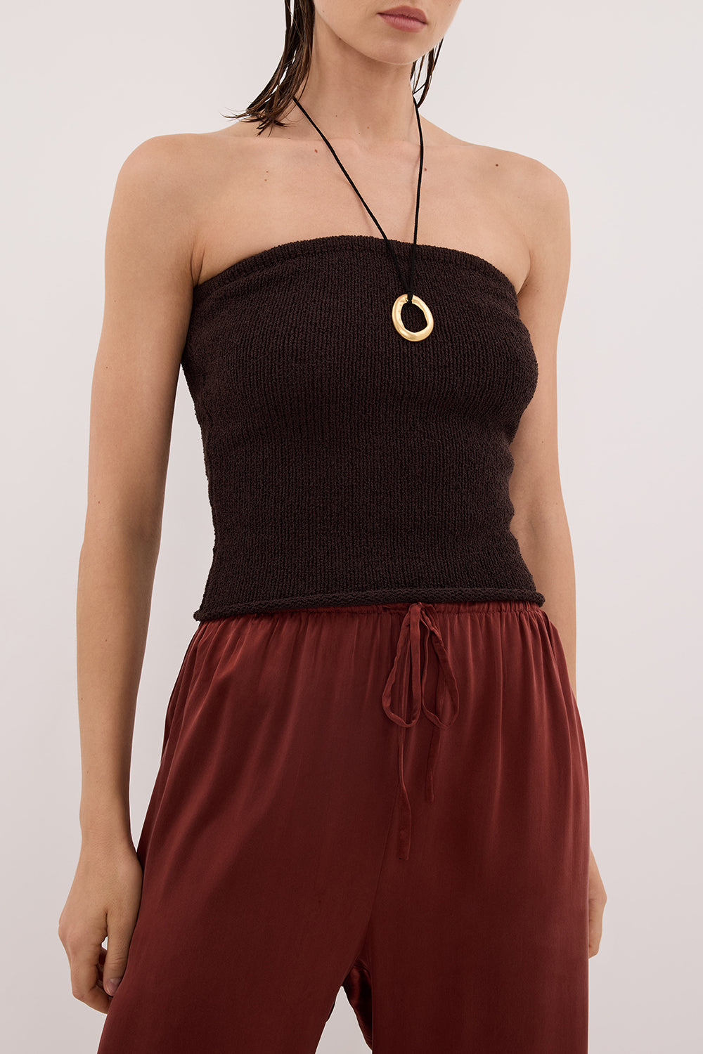 KARA CHOC STRAPLESS BANDEAU KNIT TOP